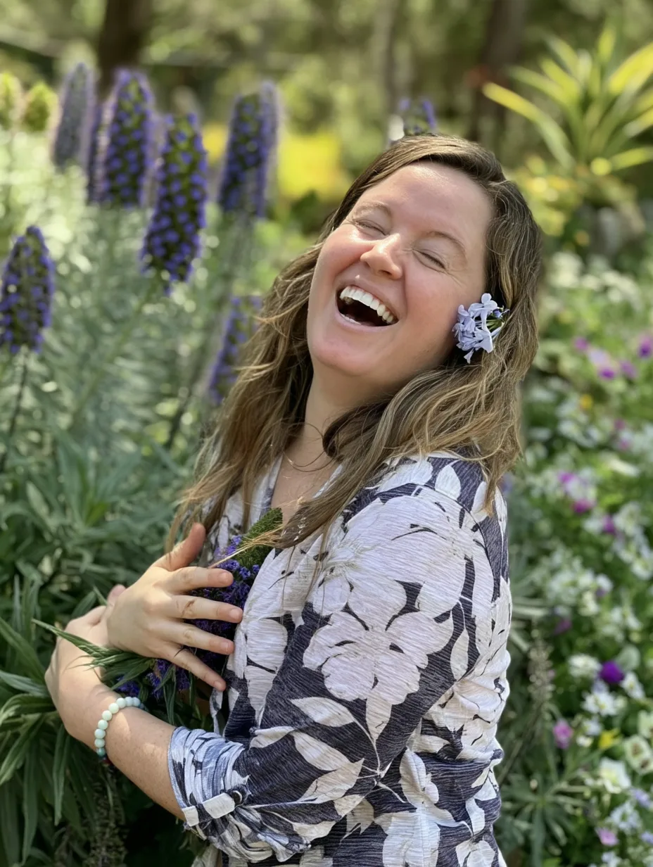 Audrey Uma Wilder laughing in a garden, holding purple flowers