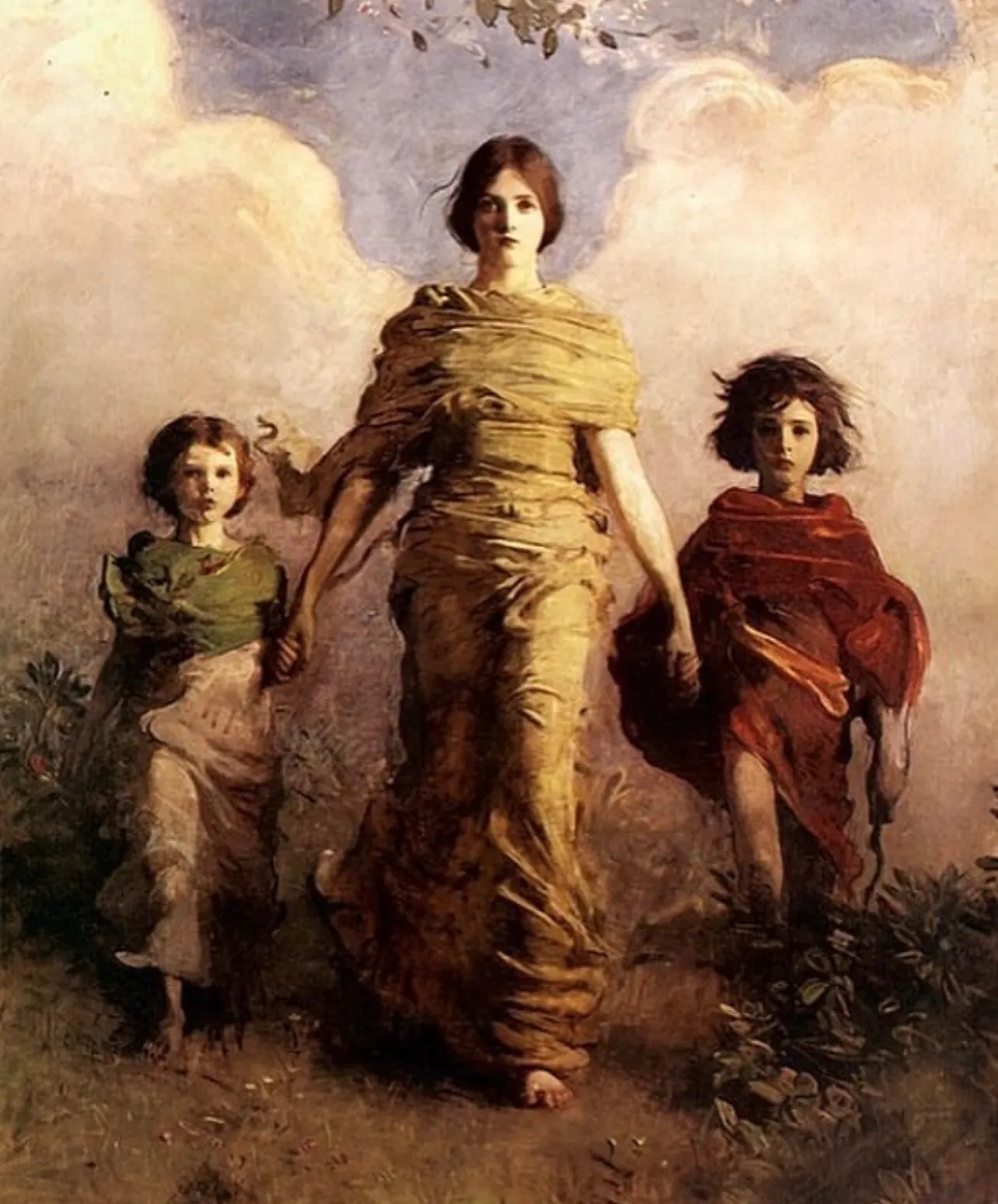 Painting of a woman in golden robes walking forward with two children